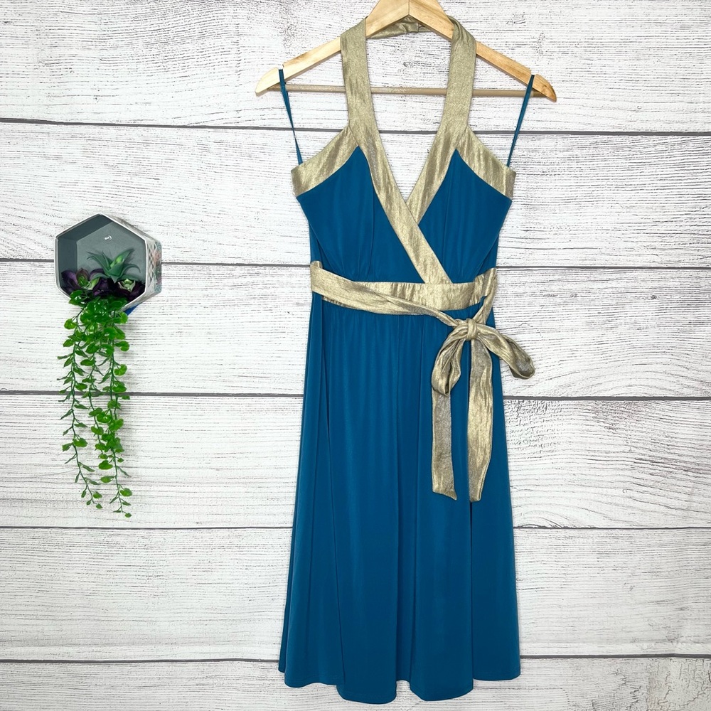 BCBG Paris Teal Blue & Shimmery Gold Belted Halter Mini Dress Size 4 Small